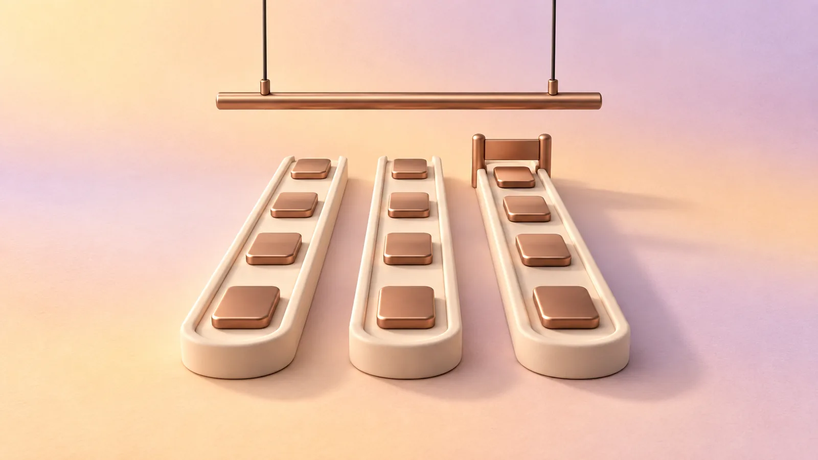 Three cream lanes of copper tiles running under a suspended copper baton, with a small gate holding back one tile in the last lane.