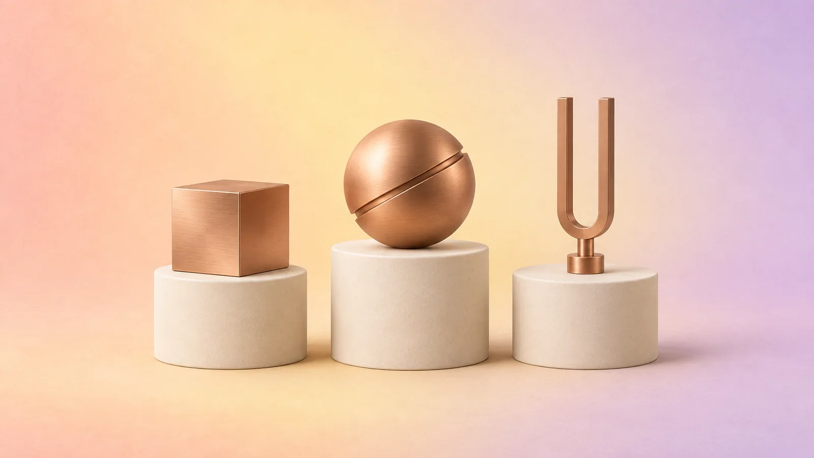 Three cream pedestals of different heights holding a copper cube, a copper sphere and a copper tuning fork side by side.