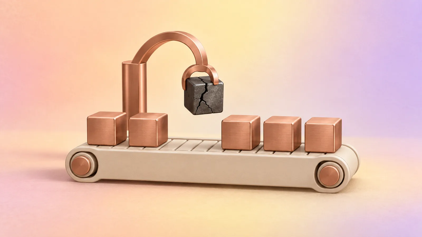 A copper hook arm lifting a cracked charcoal cube off a conveyor while the good copper cubes keep moving.