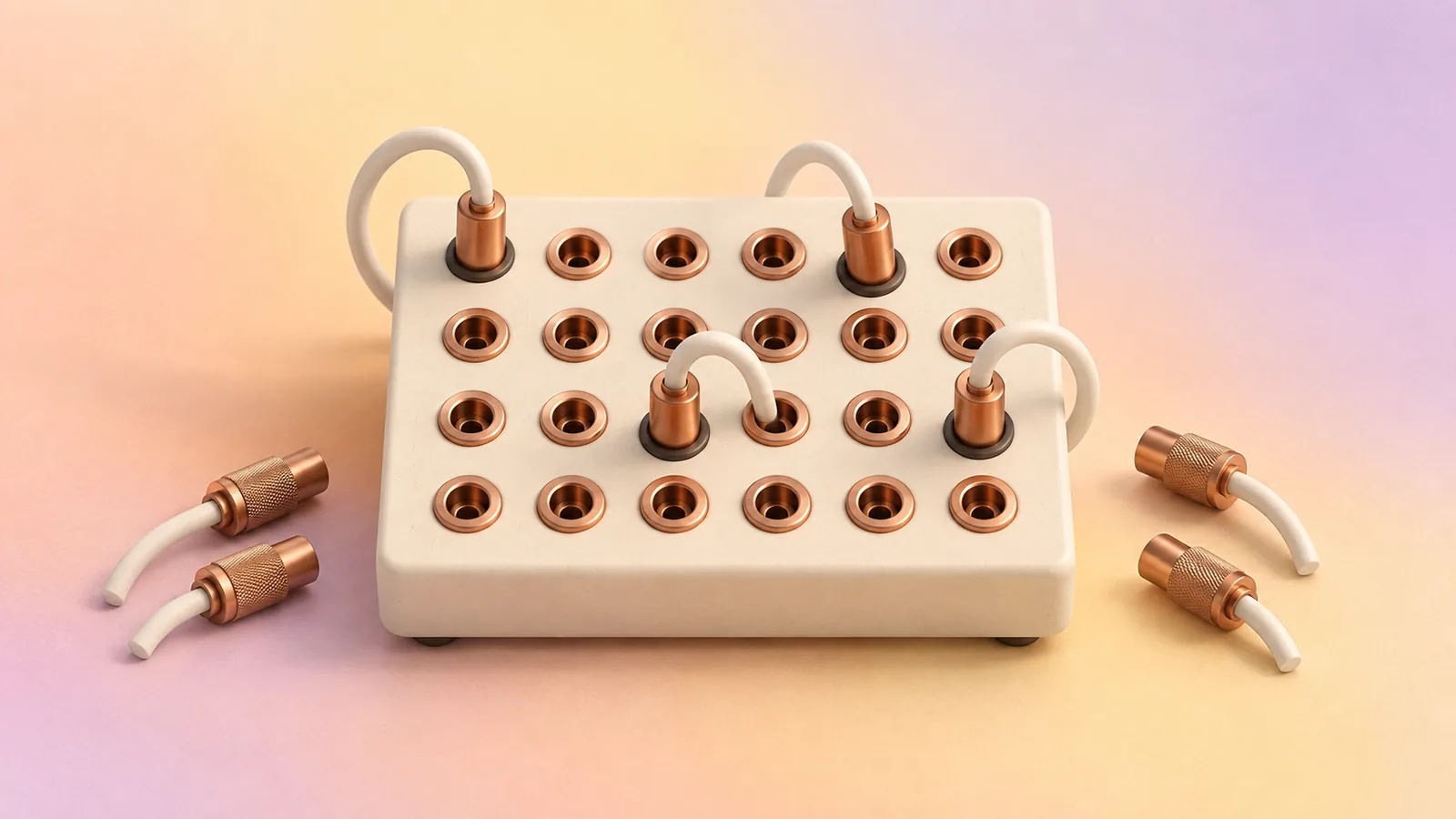 A cream patch panel with a grid of copper sockets, some holding cabled copper plugs and a few plugs waiting beside it.