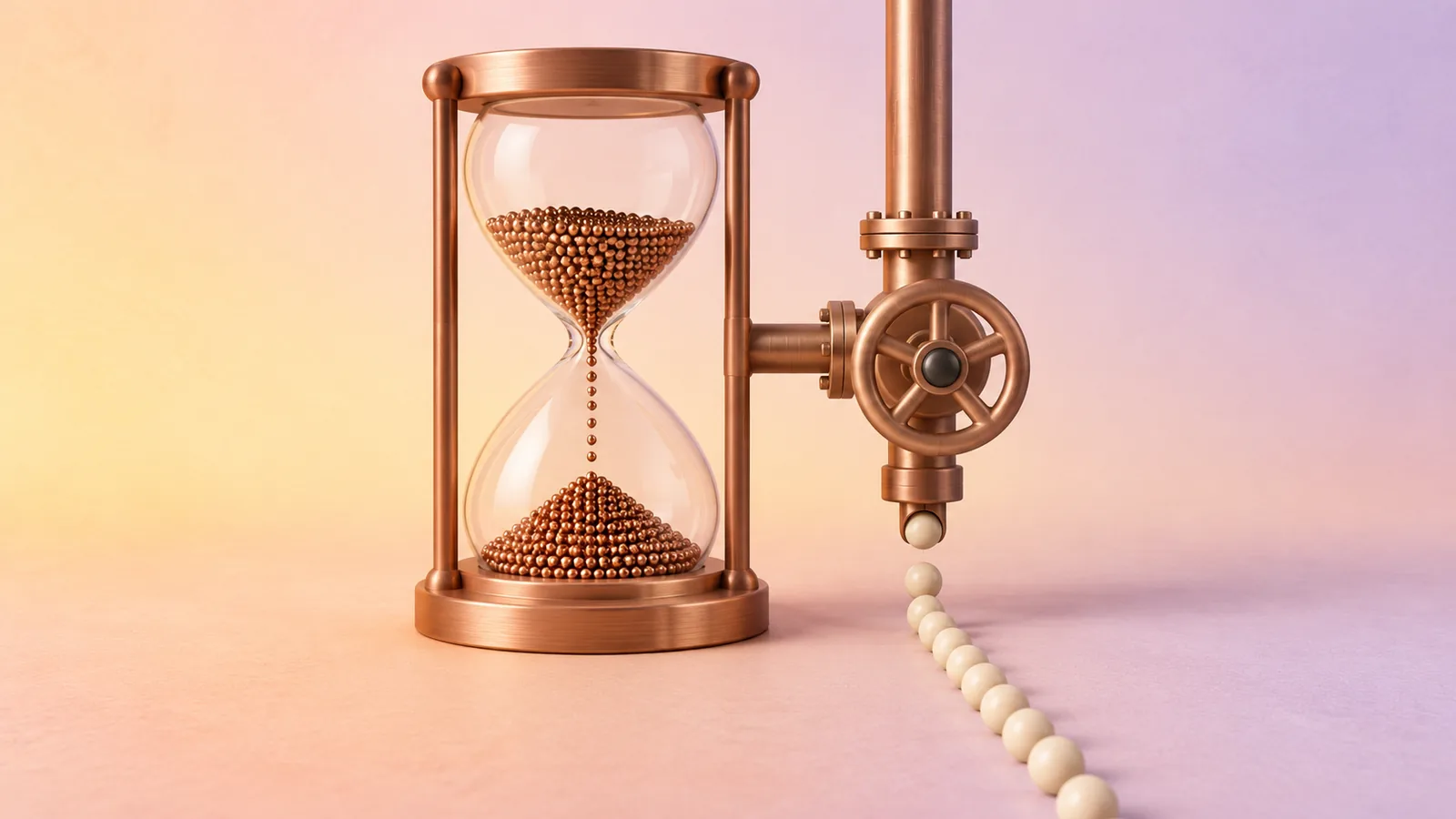 A copper hourglass filled with tiny copper beads beside a valve pipe that meters a single-file line of cream beads.