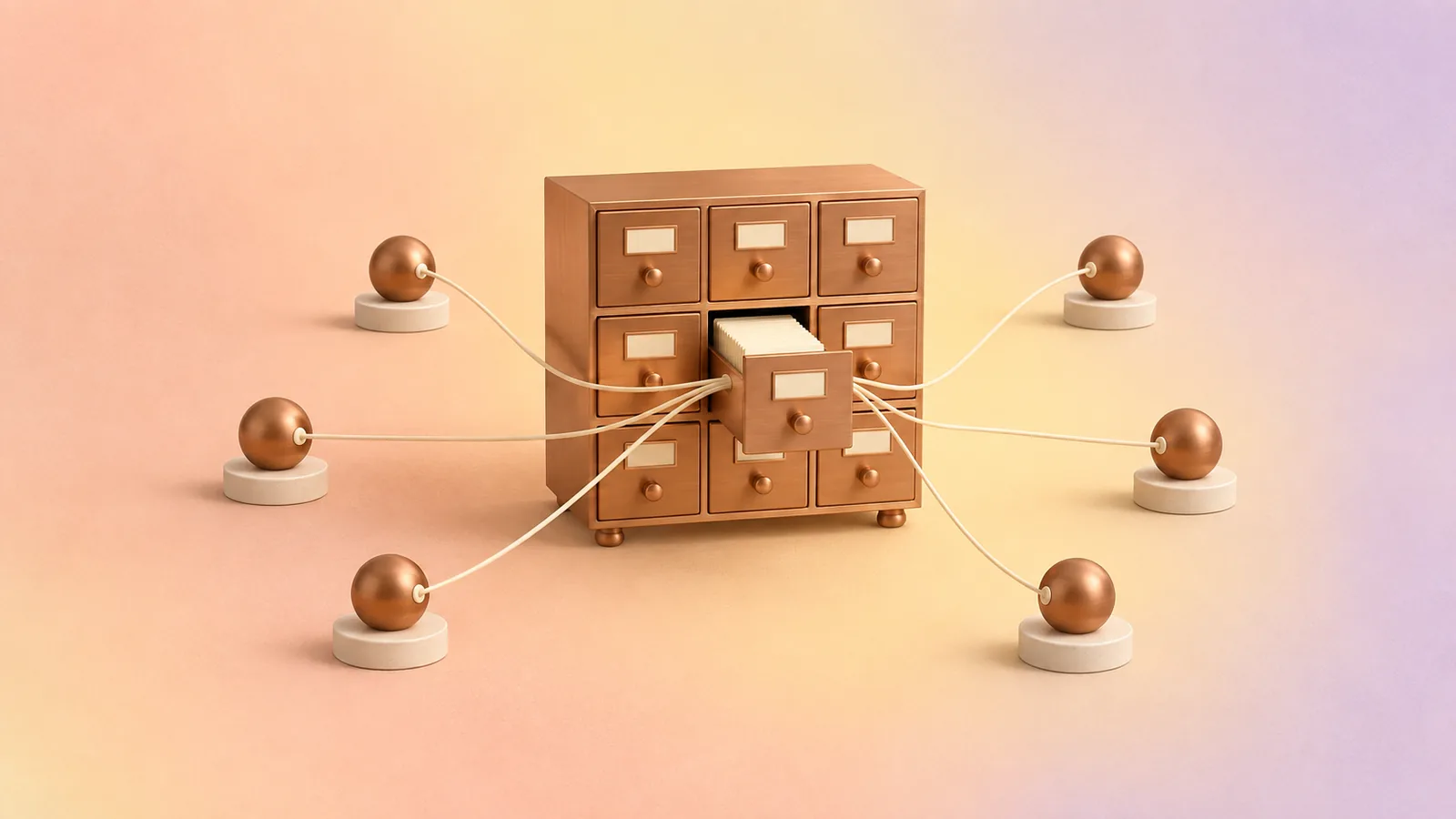 An open copper card-catalog cabinet with threads running from one drawer to several small copper nodes around it.