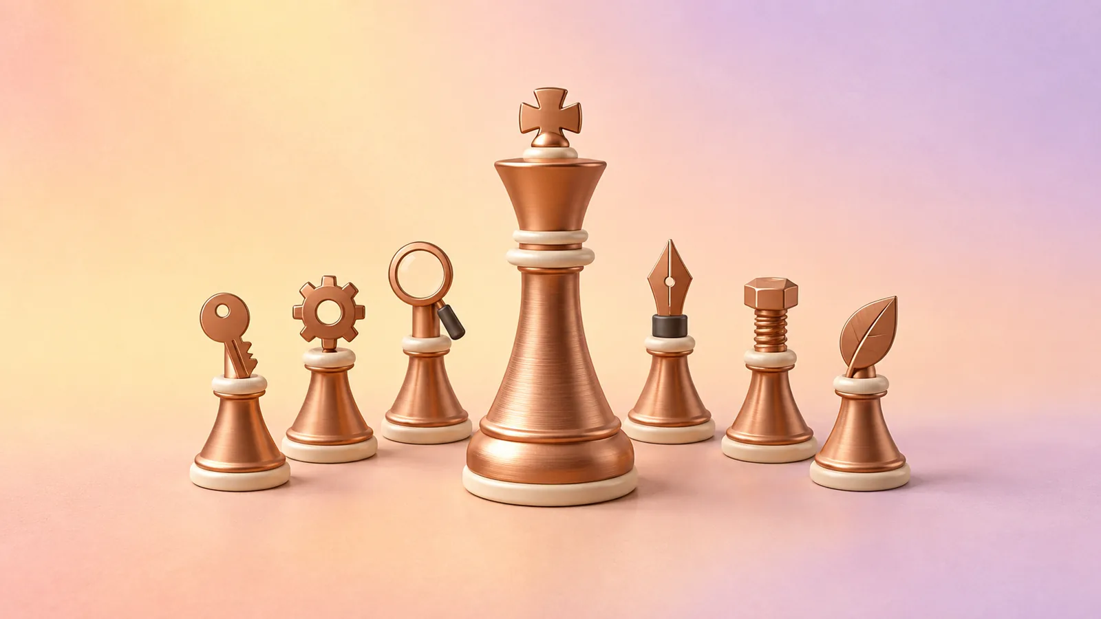 A tall copper king chess piece flanked by six smaller pieces, each topped with a different tool such as a key, a gear, a lens and a pen nib.