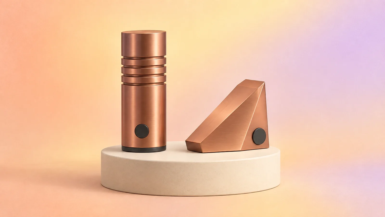 Two different copper instruments, one tall and grooved and one angular, standing as equals on a shared cream plinth.