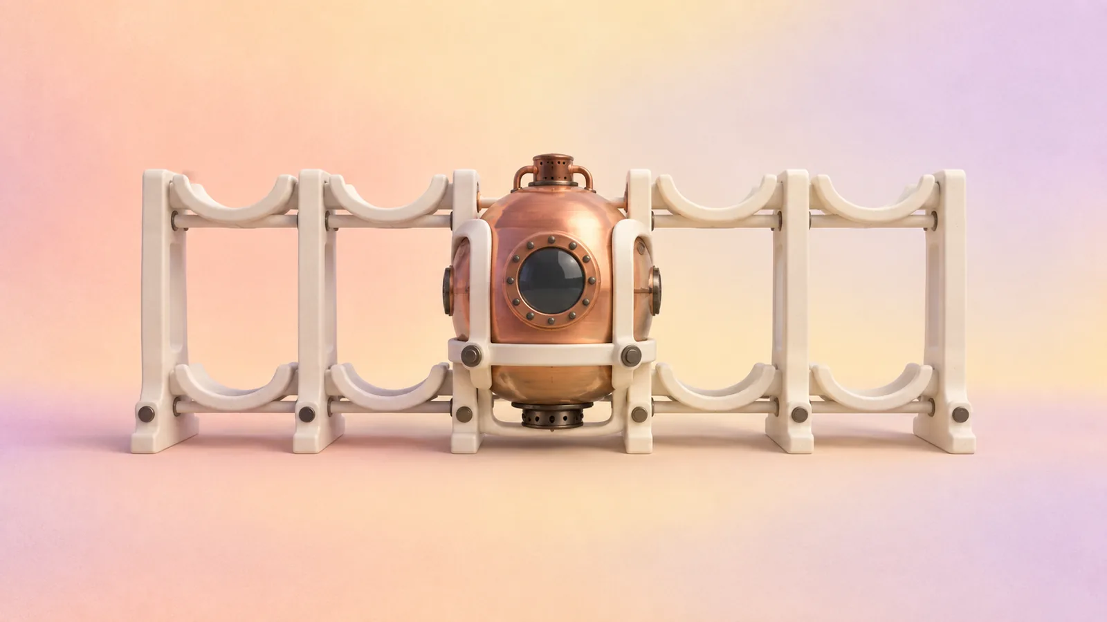 A small copper diving bell mounted in a cream rack of rails, with empty slots on either side.