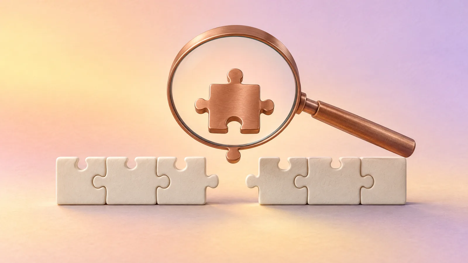 A copper magnifying glass examining a copper puzzle piece hovering over the one gap in a row of cream puzzle pieces.