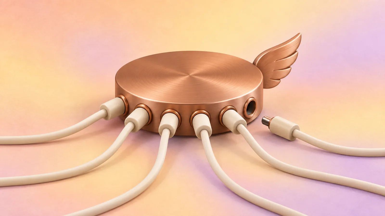 A winged copper hub with cream cables plugged into its row of sockets, one cable end waiting to connect.