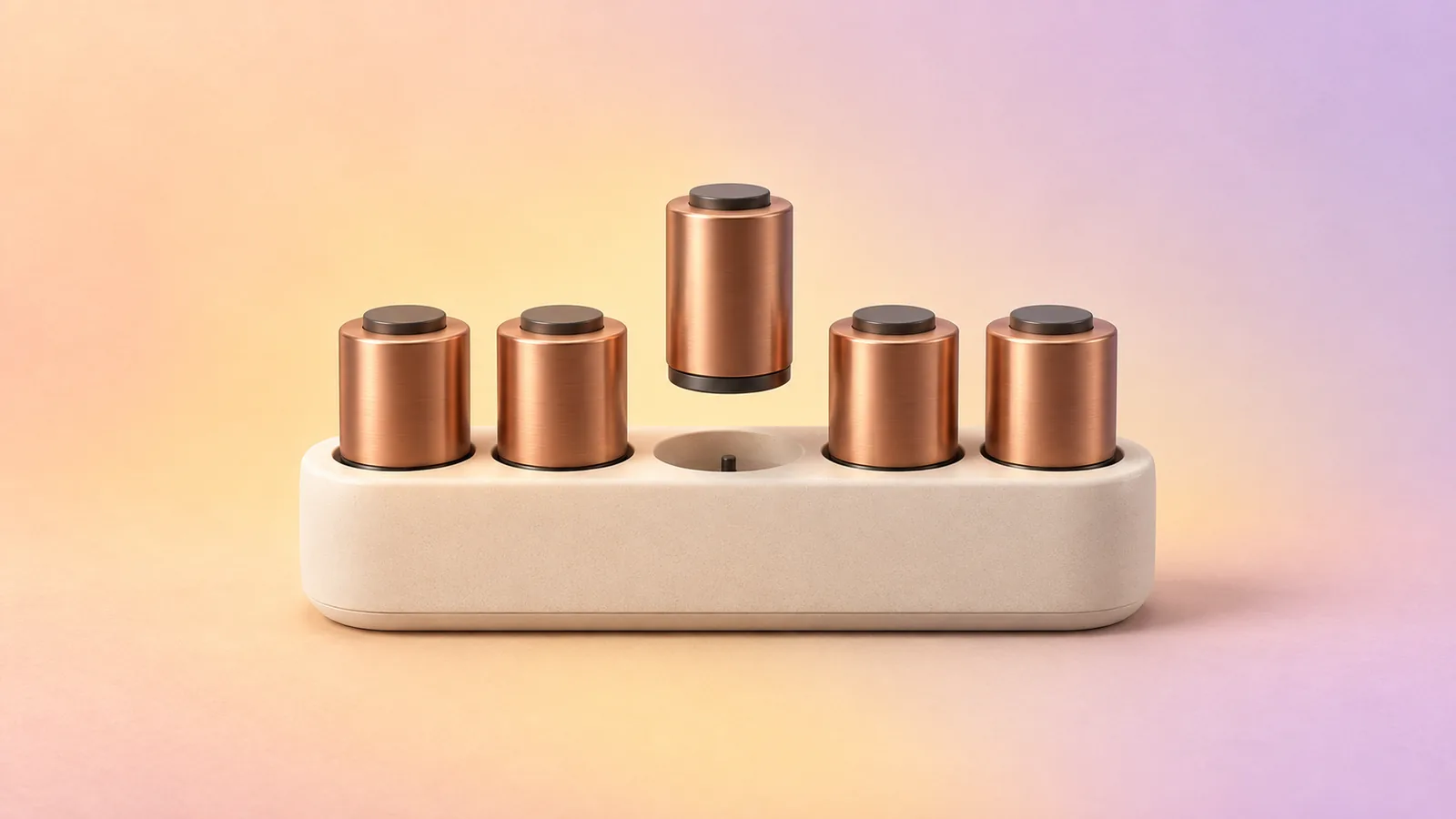 A cream base unit holding a row of copper cartridges, with one cartridge hovering above its empty slot about to click into place.