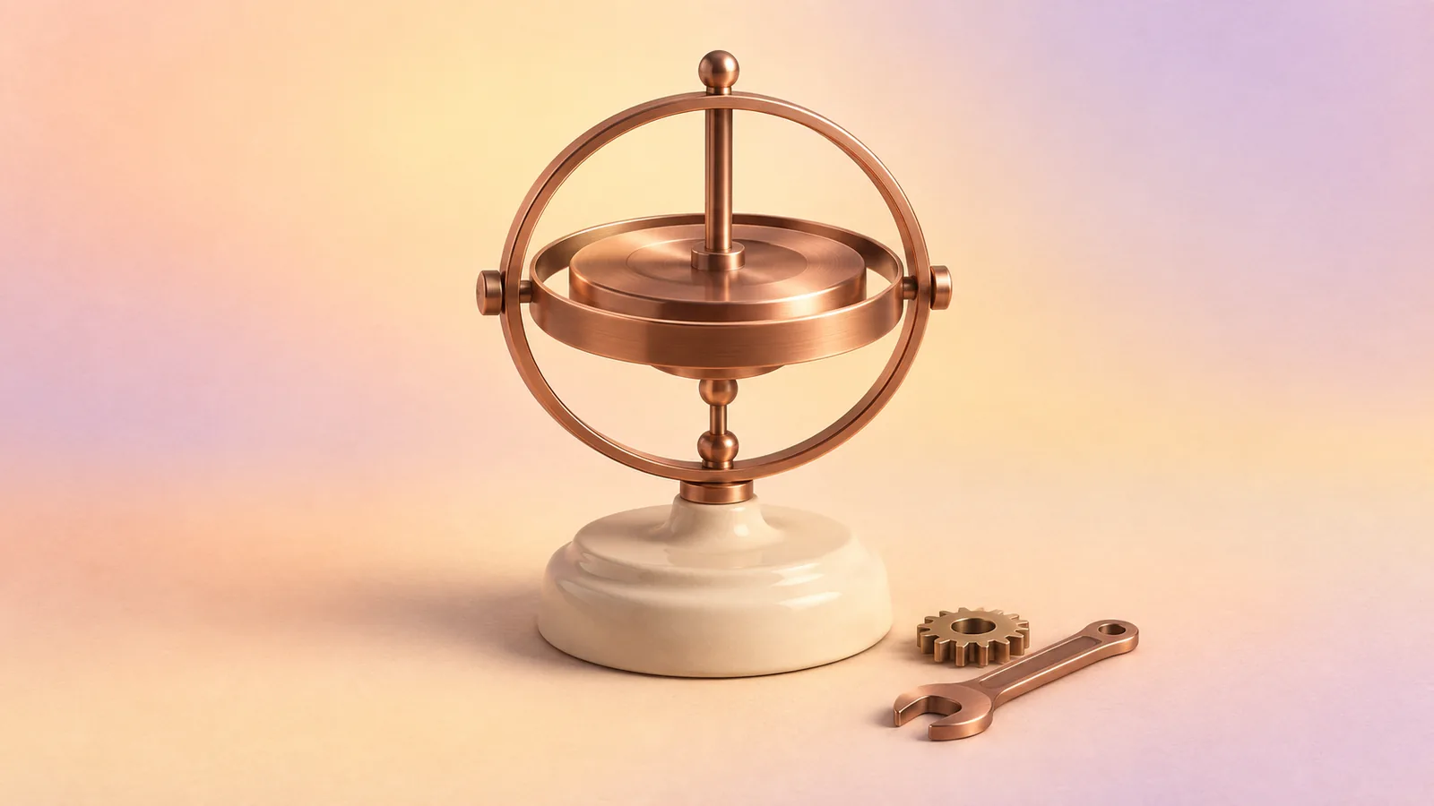 A copper gyroscope spinning level on a cream stand, with a small wrench and a spare gear resting beside it.