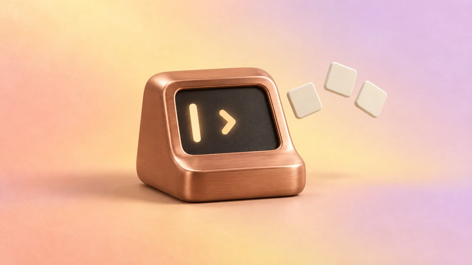 A rounded copper desktop terminal with a glowing cursor and prompt chevron, with three cream tiles floating beside it like queued tasks.