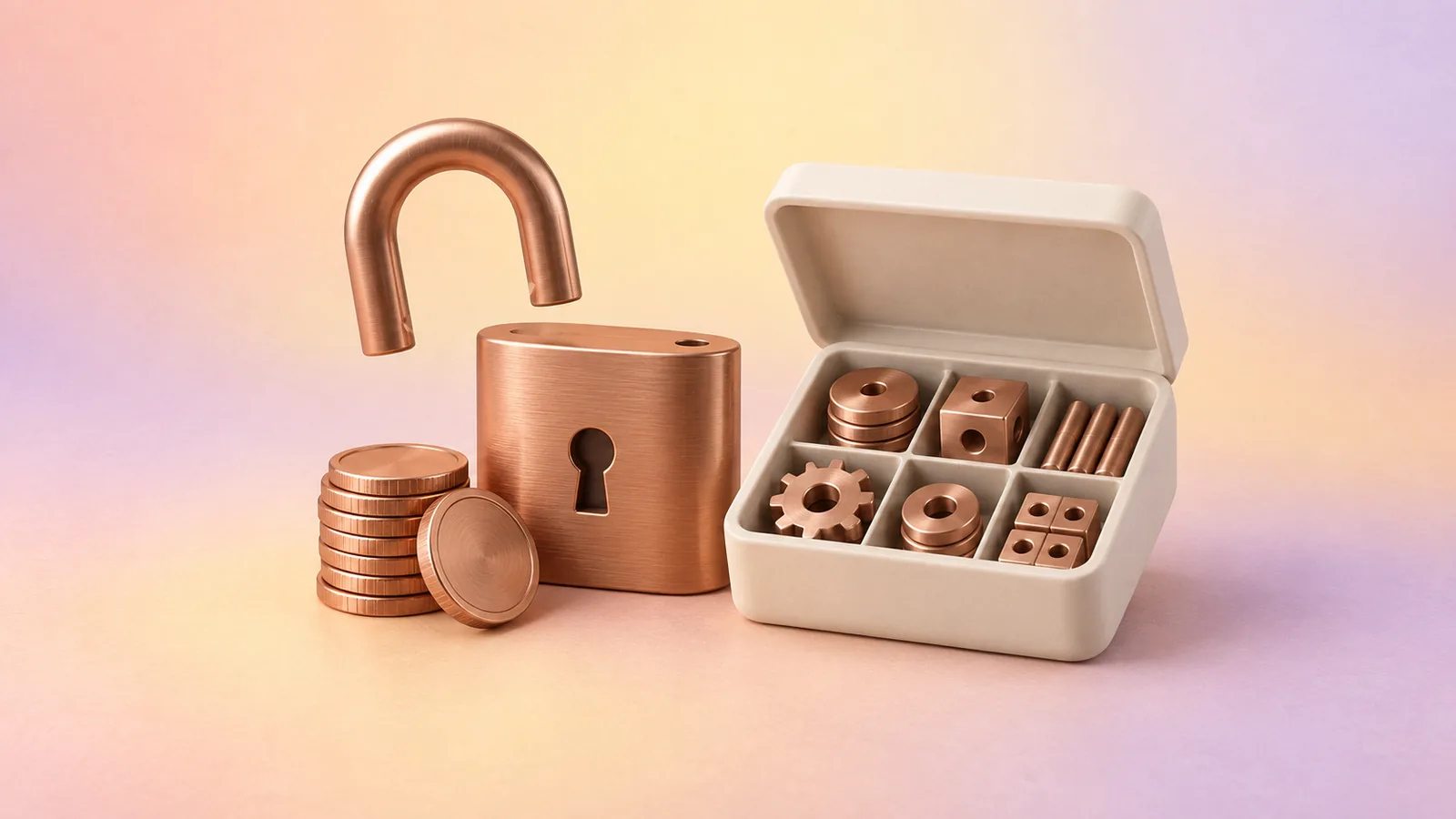 An open copper padlock beside a stack of copper coins and an open cream box of modular copper parts.