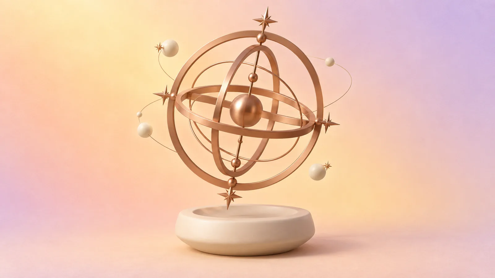 A copper armillary astrolabe with star points and orbiting cream spheres, floating above a cream ceramic stand.
